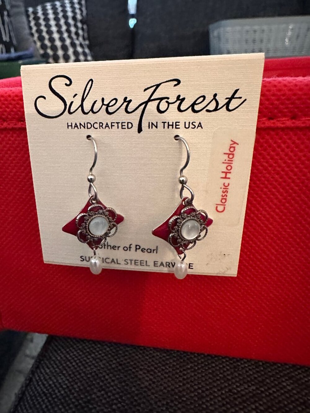 Silver Forest Red and Mother-of-Pearl Earrings